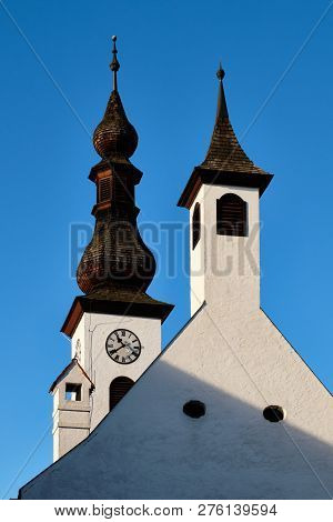 View On White Townhall Roof And Tower With Clocks In Gmund In Waldviertel - Austria