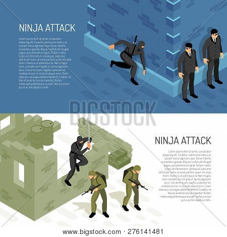 Video Games Ninja Character Warrior Attacks Soldiers And Civil Agents 2 Horizontal Isometric Backgro