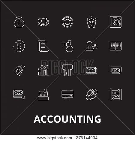 Accounting Editable Line Icons Vector Set On Black Background. Accounting White Outline Illustration