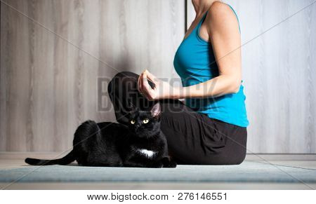 woman doing yoga at home - black cat sitting next to her