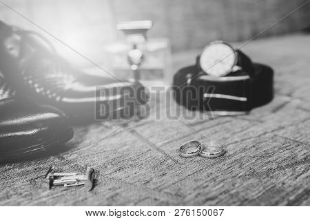 Set Of Bridal Accessories Of Bridegroom: Rings, Shoes, Straps, Watches, Cufflinks And Perfumes: Ring