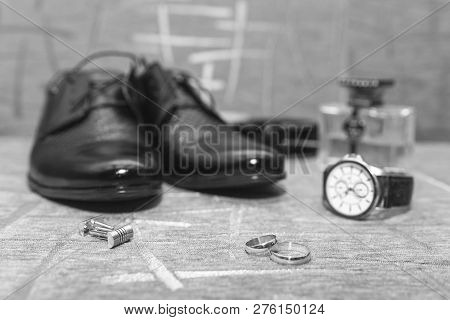Set Of Bridal Accessories Of Bridegroom: Rings, Shoes, Straps, Watches, Cufflinks And Perfumes: Ring