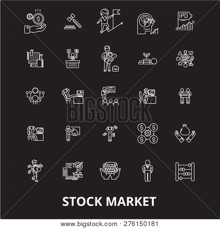 Stock Market Editable Line Icons Vector Set On Black Background. Stock Market White Outline Illustra