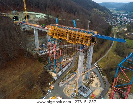 Aerial Of A Complex New Railway Bridge Construction Between Two Tunnels