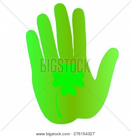Green Palm, Clove Leaf. Eco Conception Symbol, Logo. Hand, Quadrupole Clover, Flashing Luck Design E