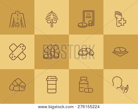 Drug Products Line Icon Set. Set Of Line Icons On White Background. Healthcare Concept. Stomach, Gem
