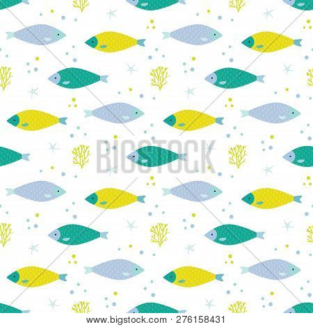 Funny Fish Samless Pattern On Isolated White Background, Vector Pattern For Textile, Fabric, Web, Fo