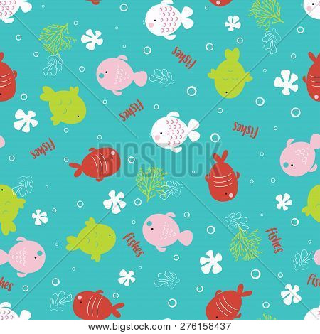 Funny Fish Samless Pattern On Isolated Blue Background, Vector Pattern For Textile, Fabric, Web, For