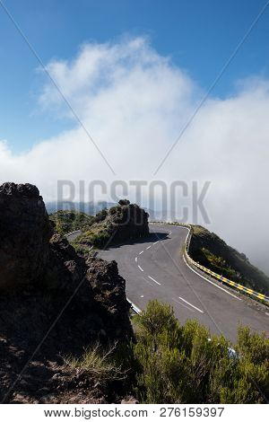 Misty Mountain Top, Madeira, Portugal, With Winding Tarmac Road