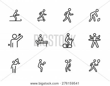 People  Doing Sports Line Icon Set. Set Of Line Icons On White Background. Baseball, Boxing, Golfer.