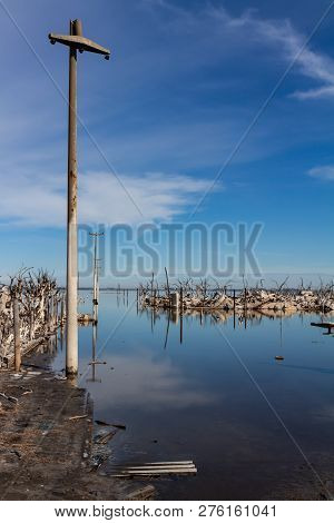 Epecuen Lake Flooding The City. Destruction Of The House Due To Floods. Inhabitable Area.