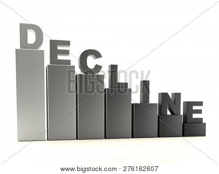 3D render of declaning bar graph with Decline text on top of the bars
