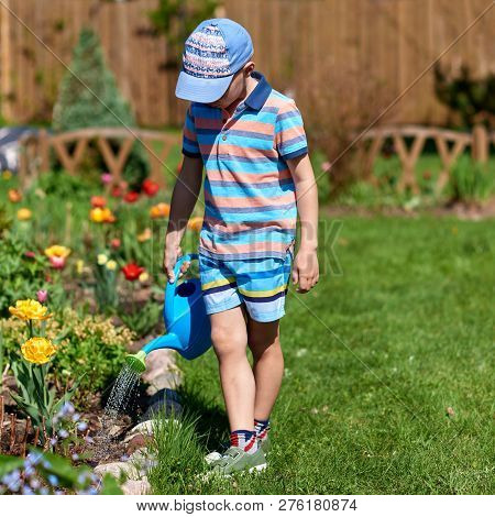 European Boy With The Blue Watering Can Is Helping To Water The Flowers In The Croft.