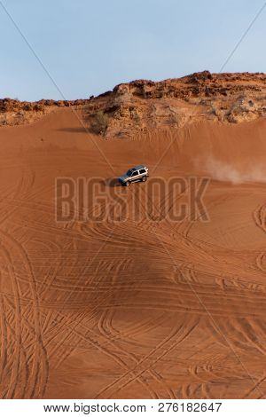 Big Red And Pink Rock, Sharjah, United Arab Emirates, December 28, 2018, Off-roading Is One Of The M