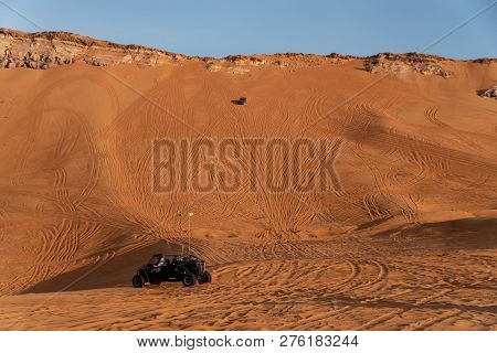 Big Red And Pink Rock, Sharjah, United Arab Emirates, December 28, 2018, Off-roading Is One Of The M