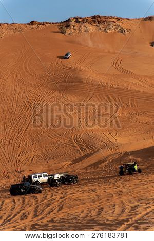 Big Red And Pink Rock, Sharjah, United Arab Emirates, December 28, 2018, Off-roading Is One Of The M