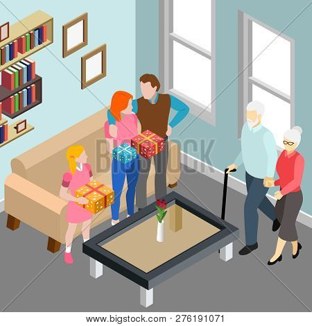 Elderly Couple During Family Visit To Children And Grand Daughter In Home Interior Isometric Vector 