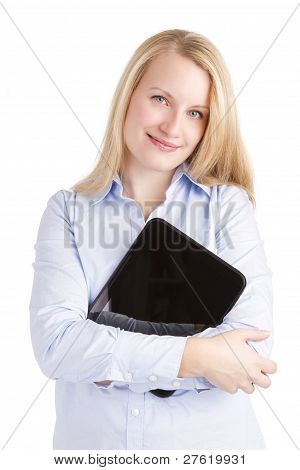 Boldog asszony hozzábújva Touchpad Tablet