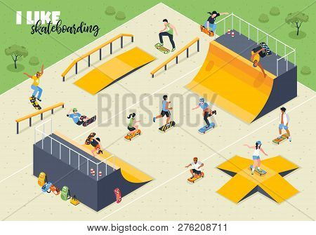 Young Athletes During Skateboard Riding On Sport Ground With Ramps Isometric Horizontal Vector Illus