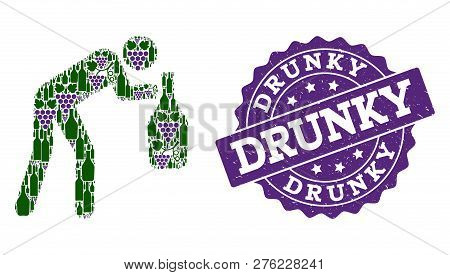 Drunk Man Composition Of Alcohol Bottles And Grape And Grunge Stamp Seal. Isolated Vectors In Green 