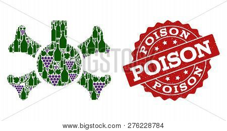 Poison Flask Composition Of Alcohol Bottles And Grape And Grunge Stamp Seal. Isolated Vectors In Gre