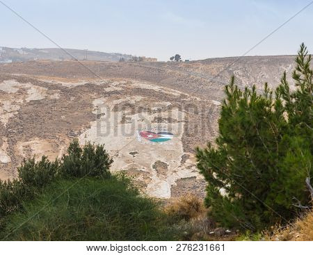 Al Jaya, Jordan, December 06, 2018 : View From The Walls Of The Fortress On The Jordanian Flag Paint