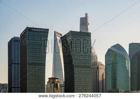 Shanghai, China - 27 October 2018: Panorama Of The Pudong District Of City Of Shanghai At Sunset
