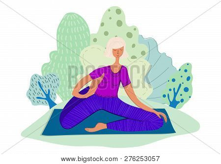 Yoga In The Park, Youn Blonde Girl Leads Healthy Lifestyle, Practices Yoga Asanas, Meditation And Pr