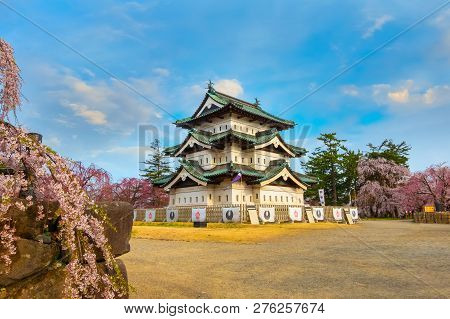 Hirosaki, Japan - April 23 2018: Sakura - Cherry Blossom Full Bloom At Hirosaki Castle In Hirosaki P
