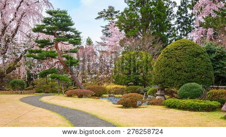 Hirosaki, Japan - April 23 2018: The Fujita Memorial Japanese Garden Built In 1919 In Japanese Tradi