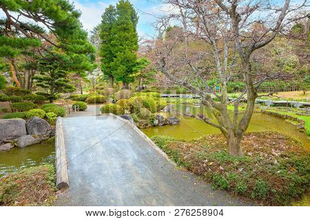 Hirosaki, Japan - April 23 2018: The Fujita Memorial Japanese Garden Built In 1919 In Japanese Tradi