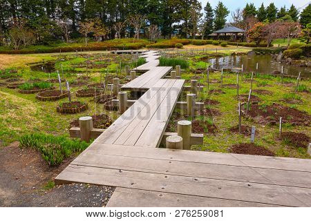 Hirosaki, Japan - April 23 2018: The Fujita Memorial Japanese Garden Built In 1919 In Japanese Tradi