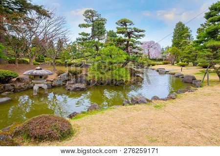 Hirosaki, Japan - April 23 2018: The Fujita Memorial Japanese Garden Built In 1919 In Japanese Tradi