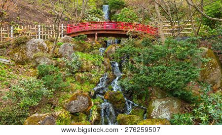 Hirosaki, Japan - April 23 2018: The Fujita Memorial Japanese Garden Built In 1919 In Japanese Tradi