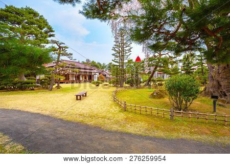 Hirosaki, Japan - April 23 2018: The Fujita Memorial Japanese Garden Built In 1919 In Japanese Tradi