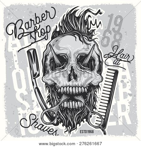 Skull Barbershop, Original Vector Illustration, Razor Scissors And Comb