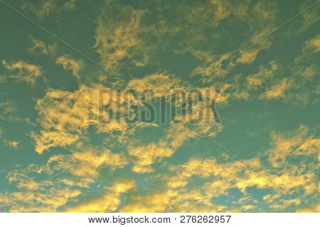 Global Warming, Twilight Sky Evening Time, Sunshine Yellow Gold On Cloud Blue Sky Background