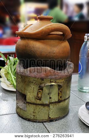 Clay Pots Food Thai Asia, Dip Dipping Pot On The Old Fireplace, Sweet Chili Dipping Pot In Soup, Ste