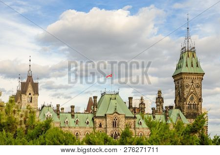East Block Building Of The Parliament Hill In Ottawa, Canada. Beautiful View Of The Tops Of East Blo