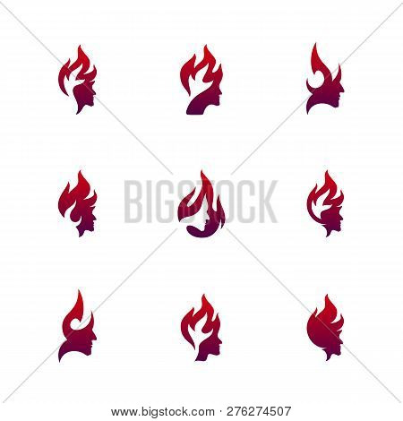 Set Of Head Fire Logo Concept, Mind Fire Logo, Spirit Mindset Logo, Flame Head Logo - Vector