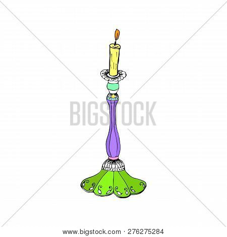Candle On Shabbat. Hand Draw Doodle. Vector Illustration On Isolated Background