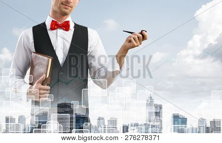 Double Exposure Of Confident And Young Businessman In Smart-casual Wear Smoking Pipe And Modern City