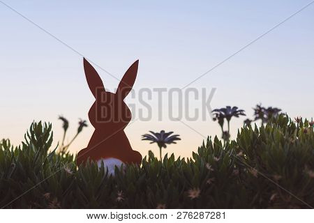 Creative Easter Photo Of Silhouette  Paper Rabbit In The Chamomile Flowers And Green Grass On The Su