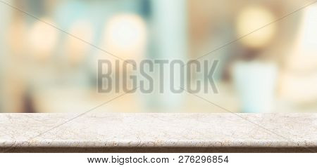 Empty Glossy Marble Table And Blurred Soft Light Table In Restaurant With Bokeh Background. Product 