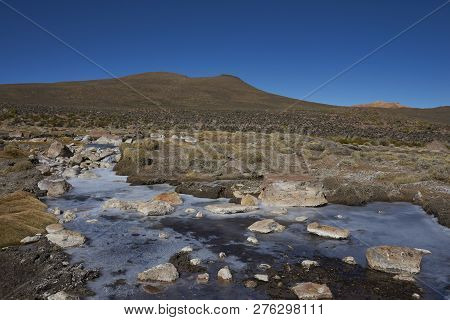 Frozen Pools In A Wetland Along A Tributary Of The River Lauca High On The Altiplano Of Northern Chi