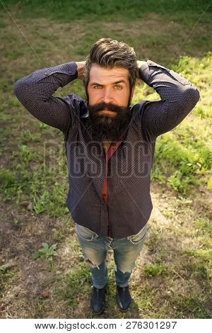 Top Full Length View Of One Handsome Strong Stylish Male Logger Of Young Man With Long Lush Black Be