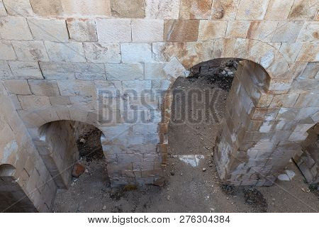 Al Jaya, Jordan, December 06, 2018 : Interior Courtyard In The Medieval Fortress Ash Shubak, Standin