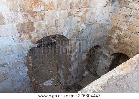 Al Jaya, Jordan, December 06, 2018 : Interior Courtyard In The Medieval Fortress Ash Shubak, Standin