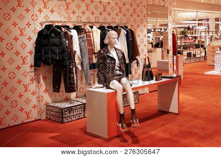 Louis Vuitton Store, A Showcase Of Clothing And Accessories. Moscow. 06.12.2018