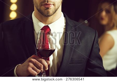 Relax With Glass Of Wine In Hand Of Man, Businessman With Beard And Hairstyle In Formal Outfit With 